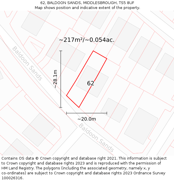 62, BALDOON SANDS, MIDDLESBROUGH, TS5 8UF: Plot and title map