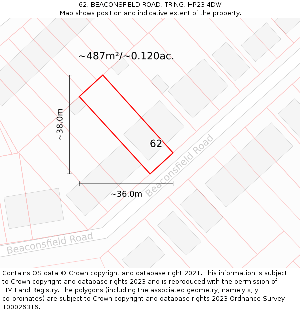 62, BEACONSFIELD ROAD, TRING, HP23 4DW: Plot and title map