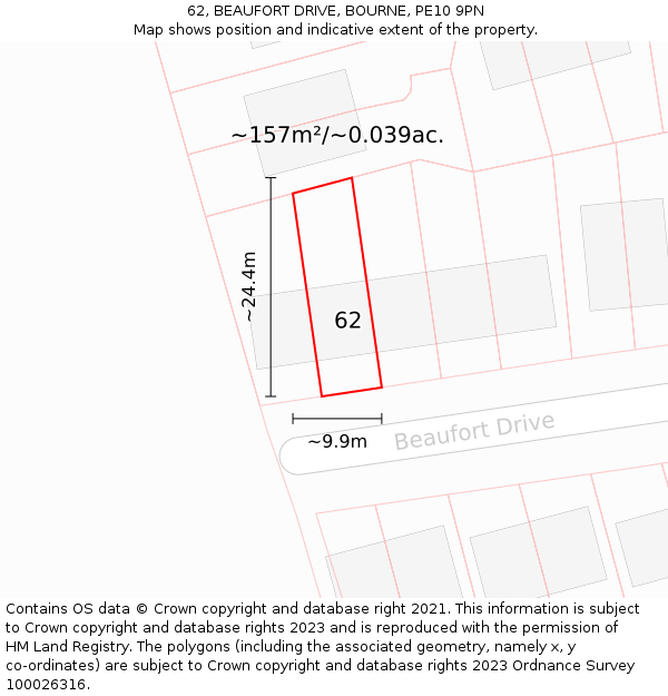 62, BEAUFORT DRIVE, BOURNE, PE10 9PN: Plot and title map