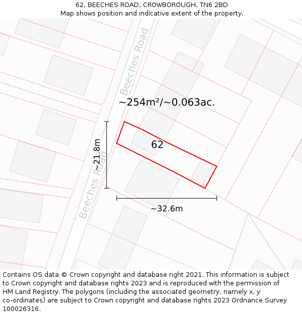 62, BEECHES ROAD, CROWBOROUGH, TN6 2BD: Plot and title map
