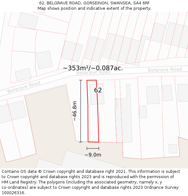 62, BELGRAVE ROAD, GORSEINON, SWANSEA, SA4 6RF: Plot and title map