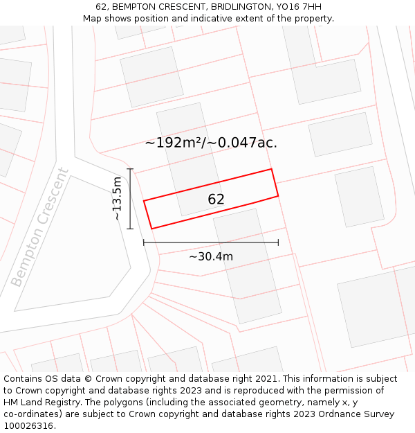 62, BEMPTON CRESCENT, BRIDLINGTON, YO16 7HH: Plot and title map