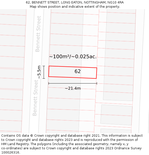 62, BENNETT STREET, LONG EATON, NOTTINGHAM, NG10 4RA: Plot and title map