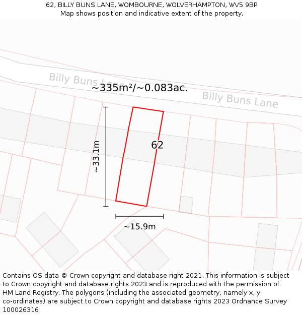 62, BILLY BUNS LANE, WOMBOURNE, WOLVERHAMPTON, WV5 9BP: Plot and title map