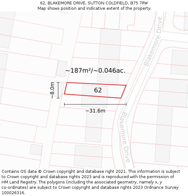 62, BLAKEMORE DRIVE, SUTTON COLDFIELD, B75 7RW: Plot and title map