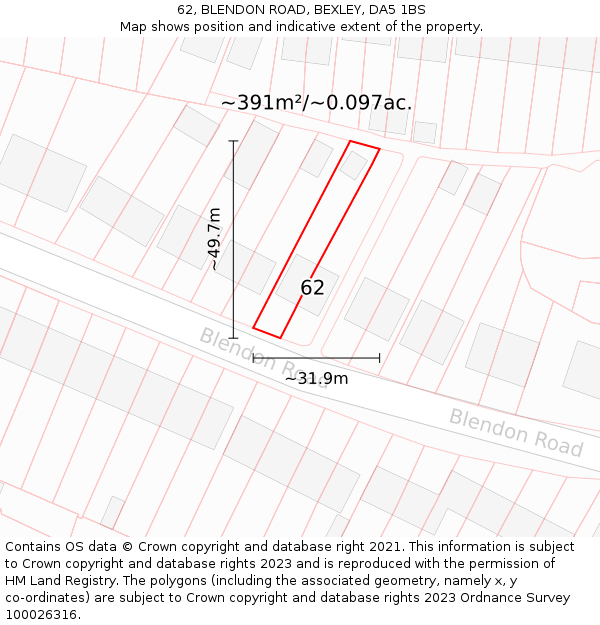 62, BLENDON ROAD, BEXLEY, DA5 1BS: Plot and title map