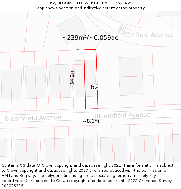 62, BLOOMFIELD AVENUE, BATH, BA2 3AA: Plot and title map