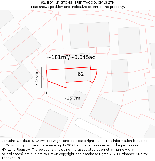 62, BONNINGTONS, BRENTWOOD, CM13 2TN: Plot and title map