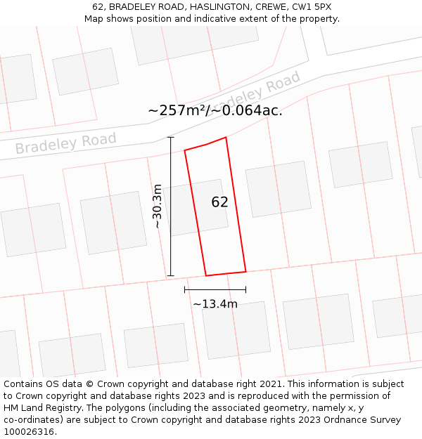 62, BRADELEY ROAD, HASLINGTON, CREWE, CW1 5PX: Plot and title map