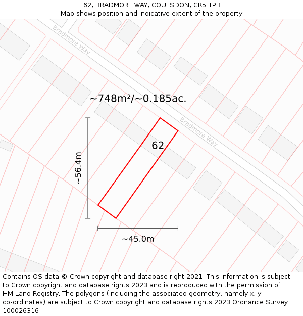 62, BRADMORE WAY, COULSDON, CR5 1PB: Plot and title map