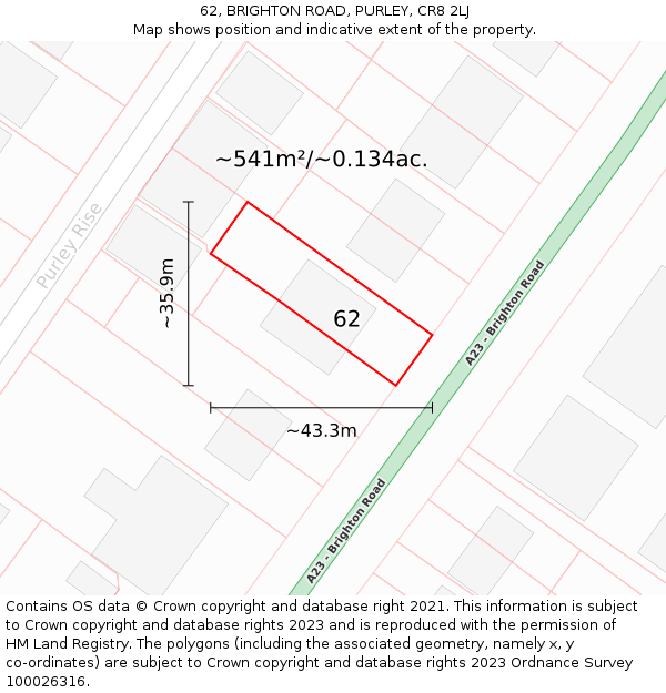 62, BRIGHTON ROAD, PURLEY, CR8 2LJ: Plot and title map