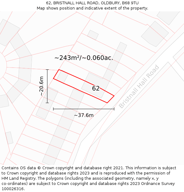 62, BRISTNALL HALL ROAD, OLDBURY, B68 9TU: Plot and title map