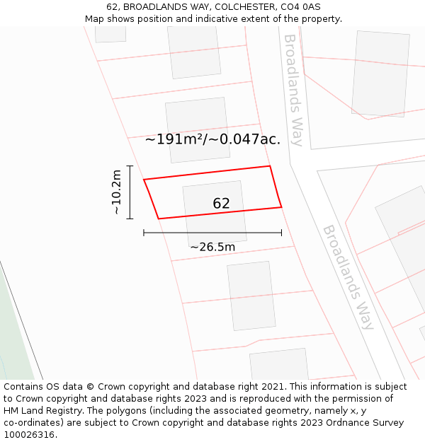 62, BROADLANDS WAY, COLCHESTER, CO4 0AS: Plot and title map