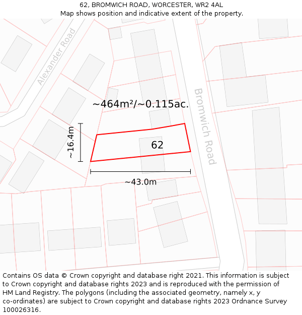 62, BROMWICH ROAD, WORCESTER, WR2 4AL: Plot and title map