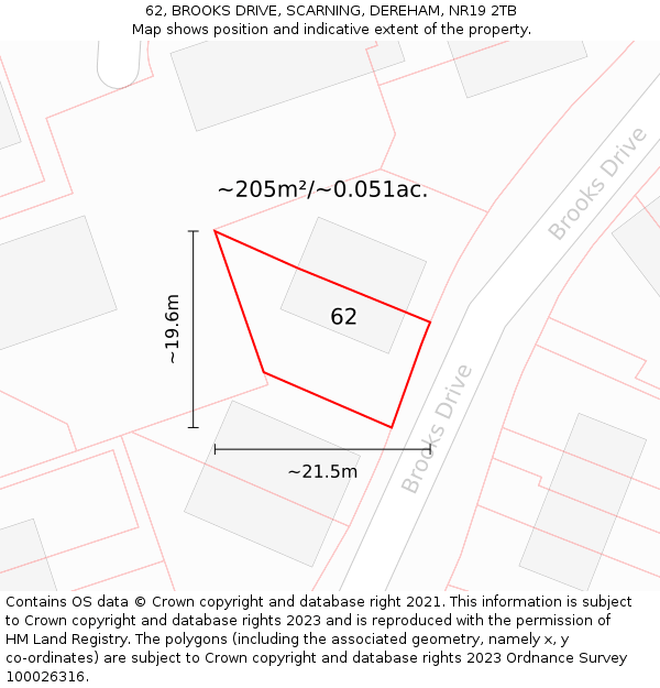 62, BROOKS DRIVE, SCARNING, DEREHAM, NR19 2TB: Plot and title map