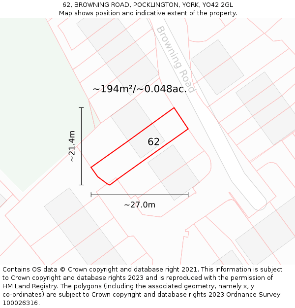 62, BROWNING ROAD, POCKLINGTON, YORK, YO42 2GL: Plot and title map