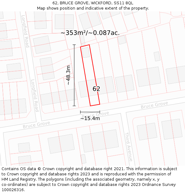 62, BRUCE GROVE, WICKFORD, SS11 8QL: Plot and title map