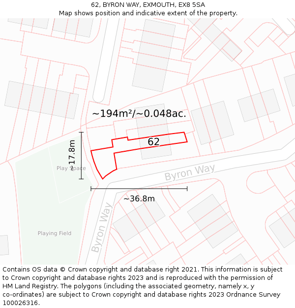 62, BYRON WAY, EXMOUTH, EX8 5SA: Plot and title map