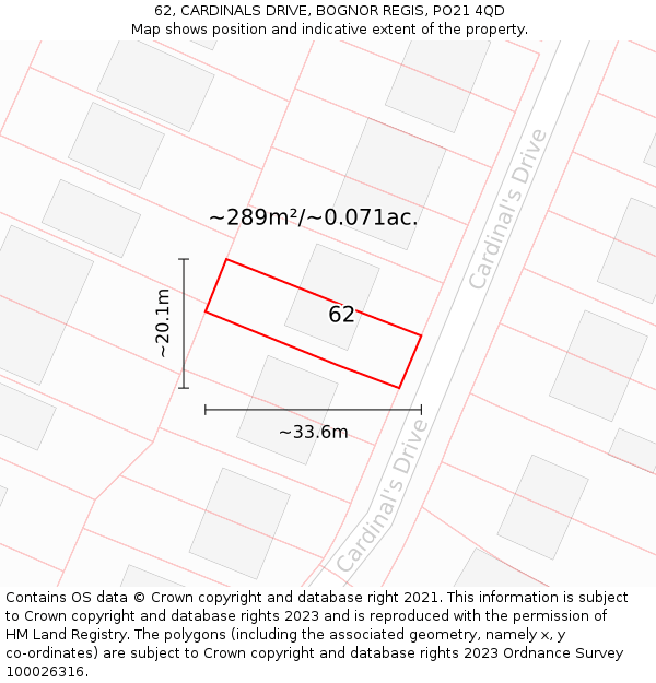 62, CARDINALS DRIVE, BOGNOR REGIS, PO21 4QD: Plot and title map