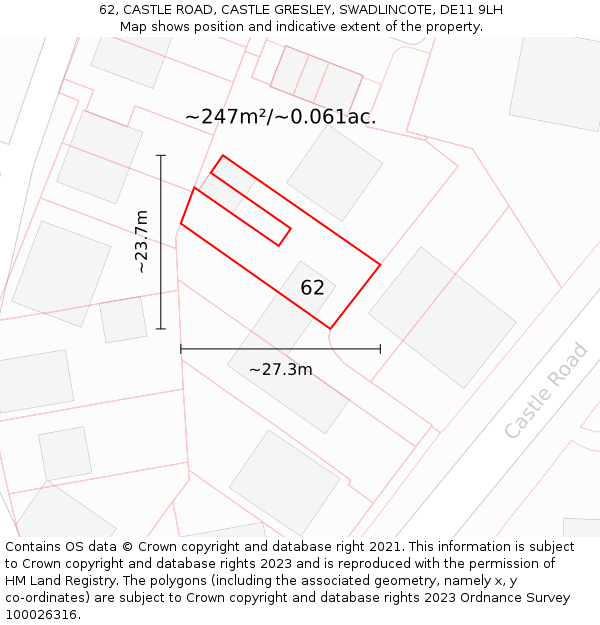 62, CASTLE ROAD, CASTLE GRESLEY, SWADLINCOTE, DE11 9LH: Plot and title map