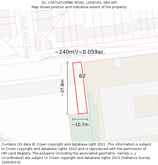 62, CASTLECOMBE ROAD, LONDON, SE9 4AT: Plot and title map