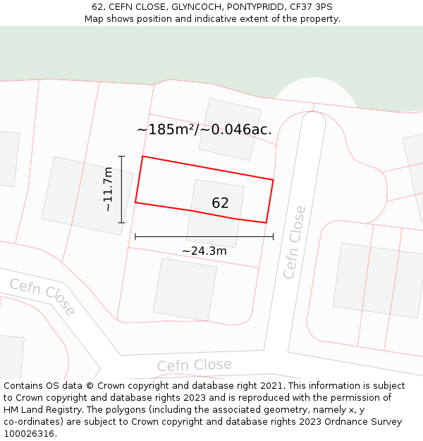 62, CEFN CLOSE, GLYNCOCH, PONTYPRIDD, CF37 3PS: Plot and title map