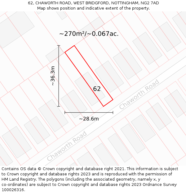 62, CHAWORTH ROAD, WEST BRIDGFORD, NOTTINGHAM, NG2 7AD: Plot and title map