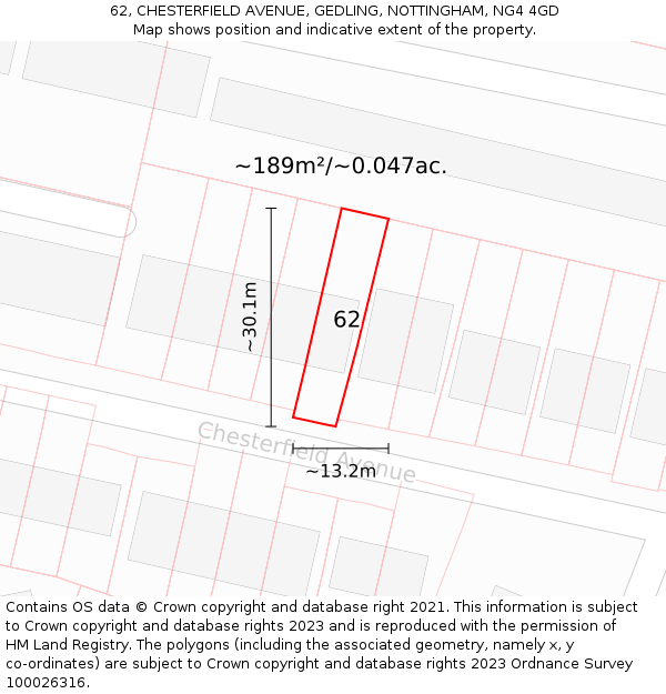 62, CHESTERFIELD AVENUE, GEDLING, NOTTINGHAM, NG4 4GD: Plot and title map