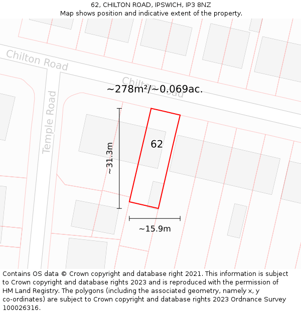 62, CHILTON ROAD, IPSWICH, IP3 8NZ: Plot and title map