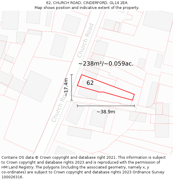 62, CHURCH ROAD, CINDERFORD, GL14 2EA: Plot and title map
