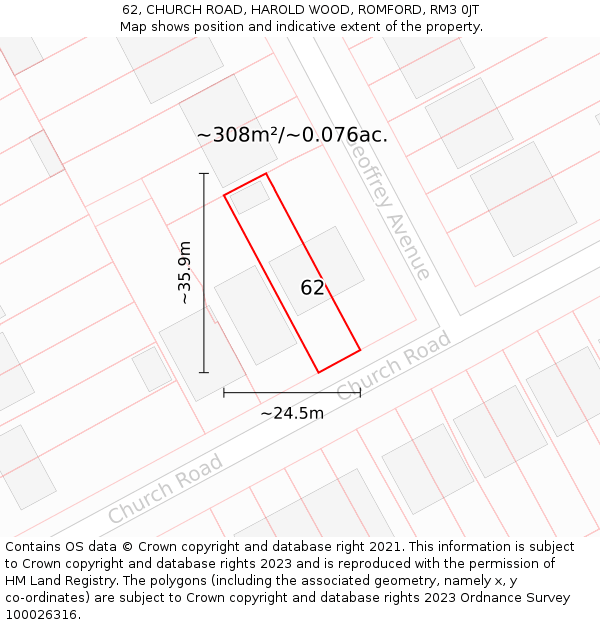 62, CHURCH ROAD, HAROLD WOOD, ROMFORD, RM3 0JT: Plot and title map