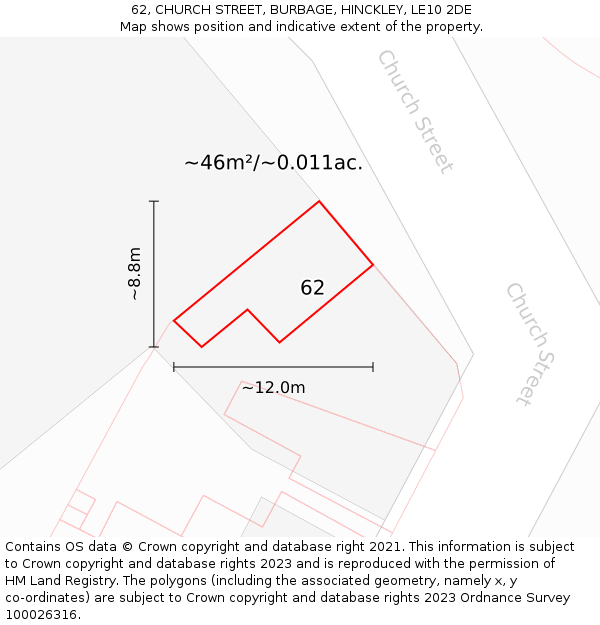 62, CHURCH STREET, BURBAGE, HINCKLEY, LE10 2DE: Plot and title map