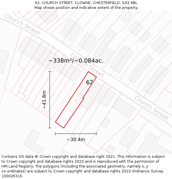 62, CHURCH STREET, CLOWNE, CHESTERFIELD, S43 4BL: Plot and title map