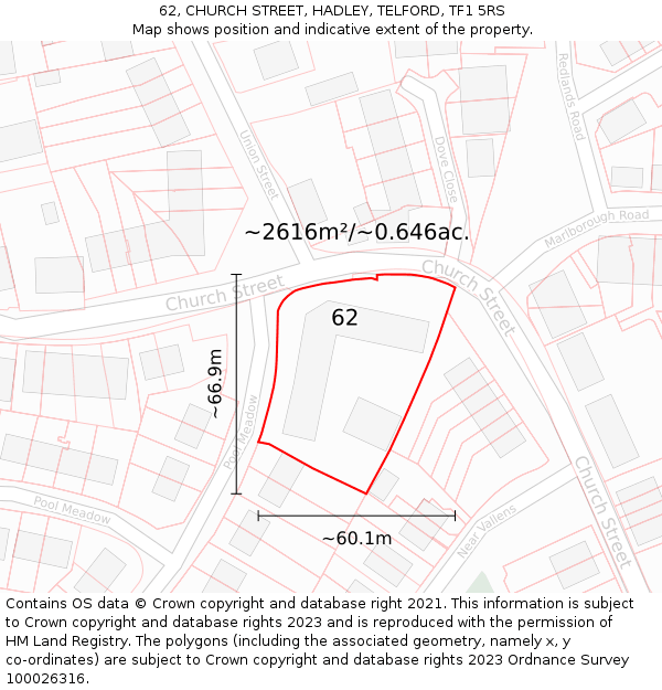 62, CHURCH STREET, HADLEY, TELFORD, TF1 5RS: Plot and title map