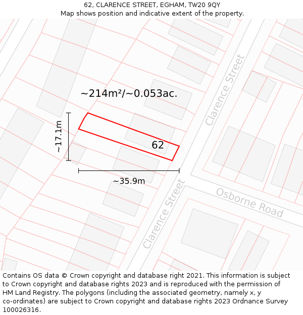 62, CLARENCE STREET, EGHAM, TW20 9QY: Plot and title map