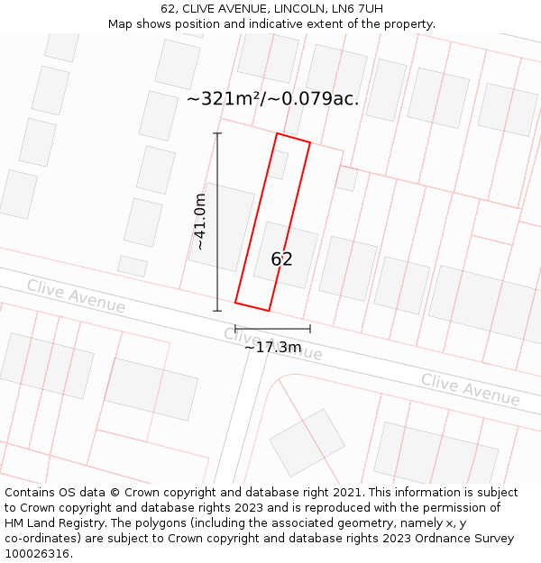 62, CLIVE AVENUE, LINCOLN, LN6 7UH: Plot and title map