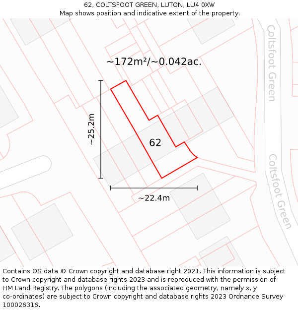 62, COLTSFOOT GREEN, LUTON, LU4 0XW: Plot and title map