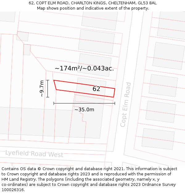 62, COPT ELM ROAD, CHARLTON KINGS, CHELTENHAM, GL53 8AL: Plot and title map