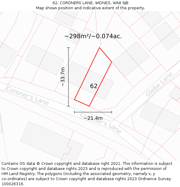 62, CORONERS LANE, WIDNES, WA8 9JB: Plot and title map