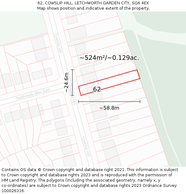 62, COWSLIP HILL, LETCHWORTH GARDEN CITY, SG6 4EX: Plot and title map