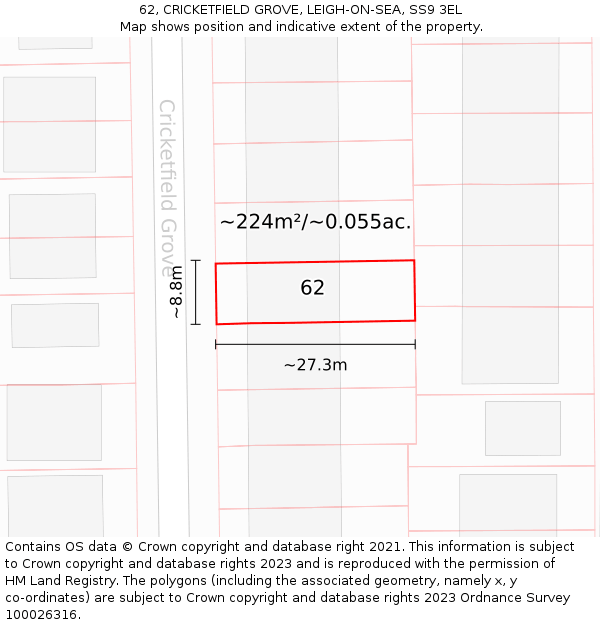 62, CRICKETFIELD GROVE, LEIGH-ON-SEA, SS9 3EL: Plot and title map