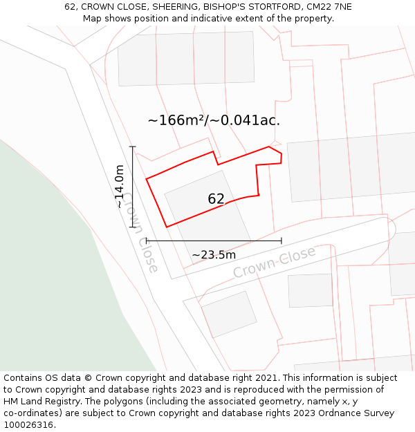 62, CROWN CLOSE, SHEERING, BISHOP'S STORTFORD, CM22 7NE: Plot and title map