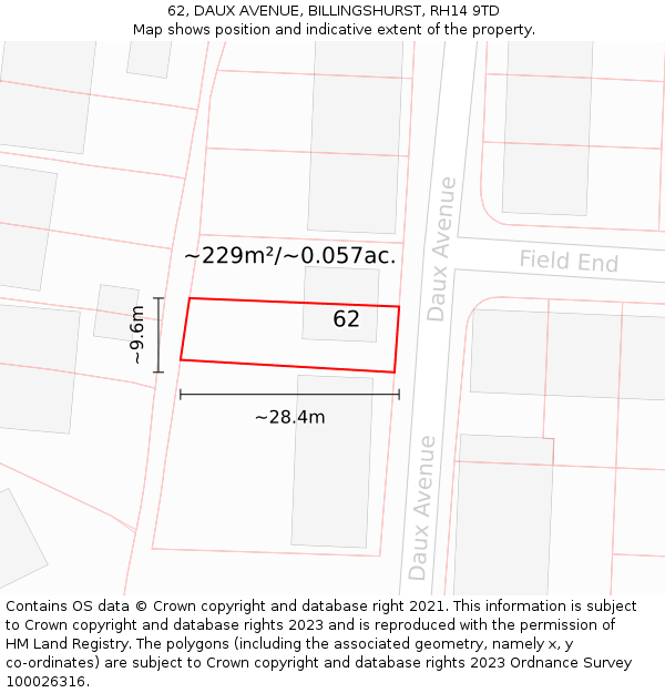 62, DAUX AVENUE, BILLINGSHURST, RH14 9TD: Plot and title map