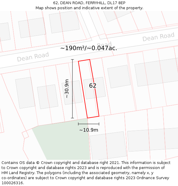 62, DEAN ROAD, FERRYHILL, DL17 8EP: Plot and title map