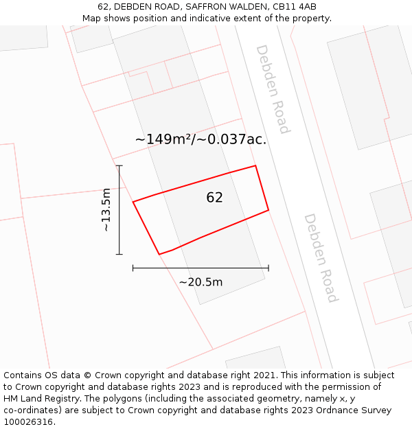 62, DEBDEN ROAD, SAFFRON WALDEN, CB11 4AB: Plot and title map