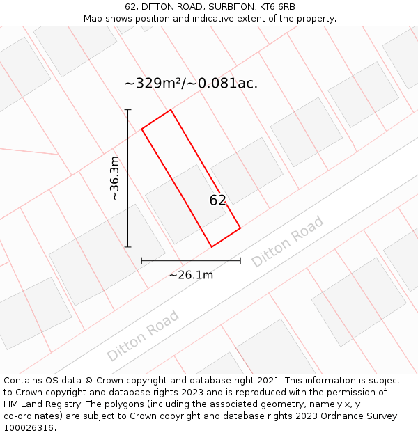 62, DITTON ROAD, SURBITON, KT6 6RB: Plot and title map