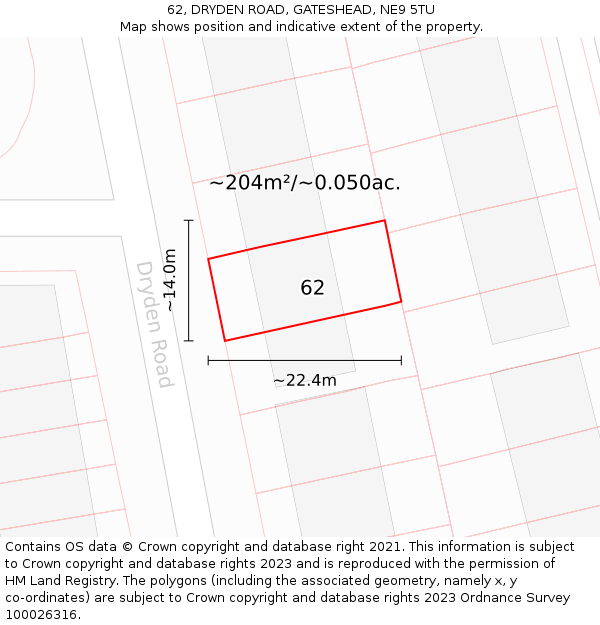 62, DRYDEN ROAD, GATESHEAD, NE9 5TU: Plot and title map