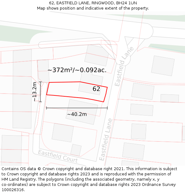 62, EASTFIELD LANE, RINGWOOD, BH24 1UN: Plot and title map