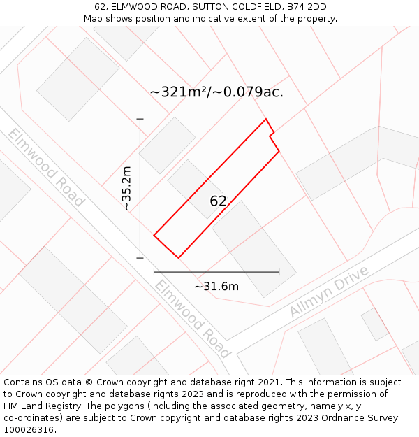 62, ELMWOOD ROAD, SUTTON COLDFIELD, B74 2DD: Plot and title map