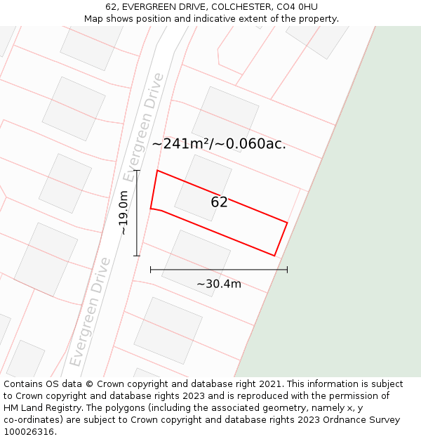 62, EVERGREEN DRIVE, COLCHESTER, CO4 0HU: Plot and title map